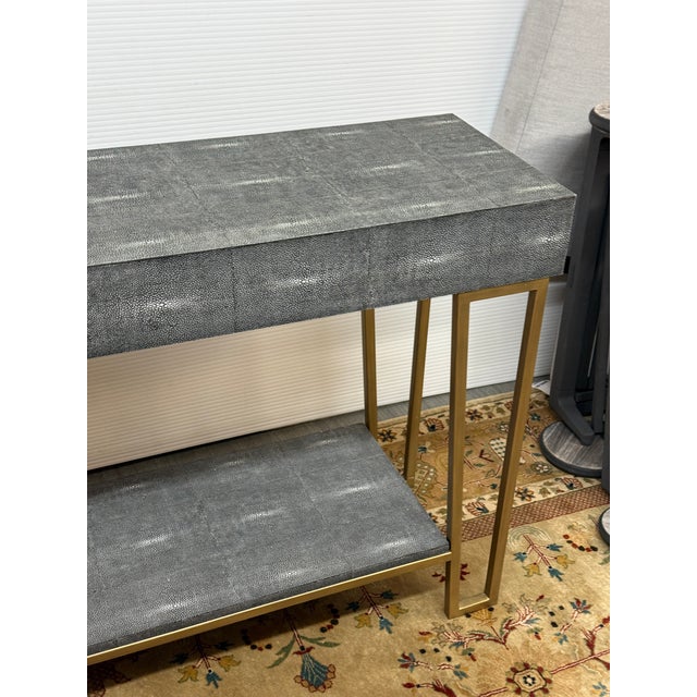 Animal Skin Currey & Company Faux Shagreen + Brass Console Table For Sale - Image 7 of 12