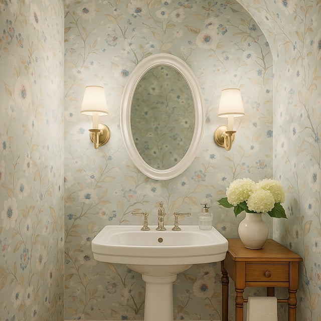 Vintage 90s White and Blue Floral Motif Wallpaper For Sale - Image 6 of 7