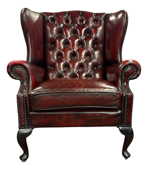 English Chesterfield Wingback Armchair in Dark Red Leather