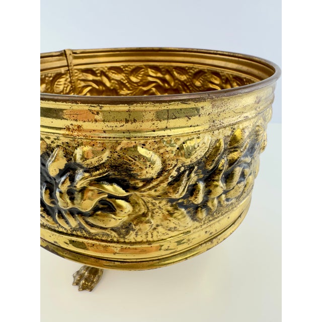 1960s Vintage English Embossed Brass Footed Planter Cachepot For Sale - Image 5 of 10