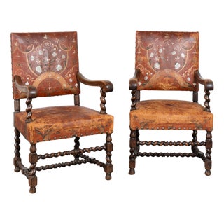 Pair of 19th Century Painted and Embossed Leather Armchairs For Sale