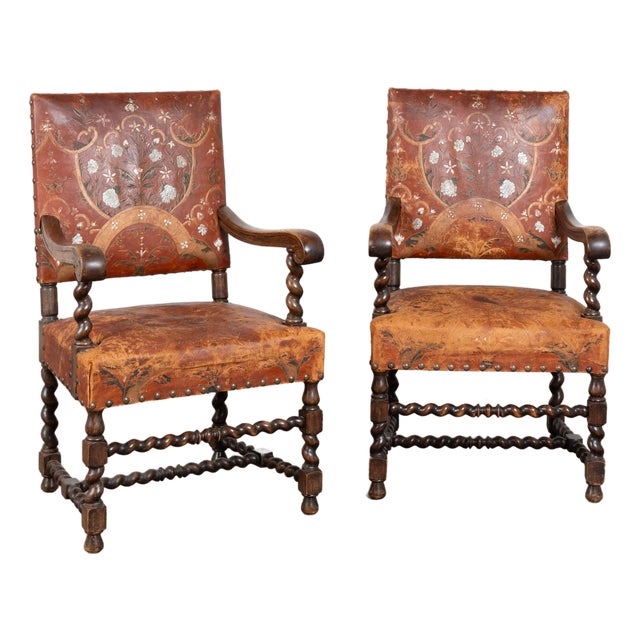 Pair of 19th Century Painted and Embossed Leather Armchairs For Sale
