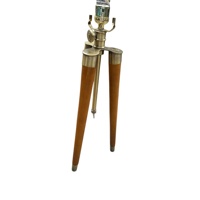 Wood Set of Two 1970s Mid-Century Modern Wood Tripod Lamp Gold Accents For Sale - Image 7 of 12