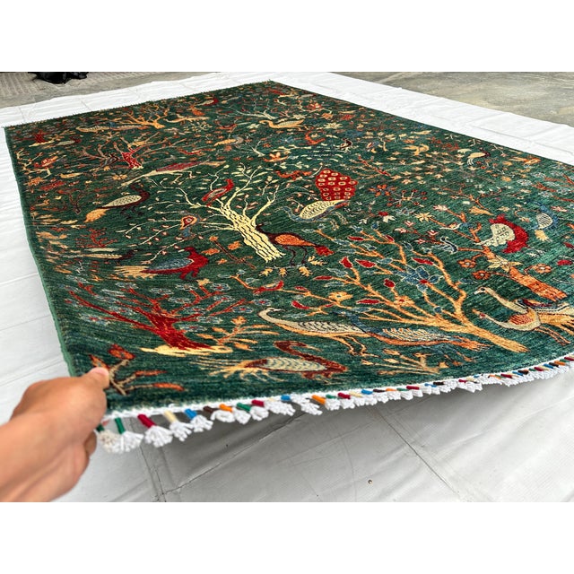 Islamic Green Afghan Pictorial Peacock & Bird Garden Hand-Knotted Wool Rug - 9'11" X 6'6" For Sale - Image 3 of 12