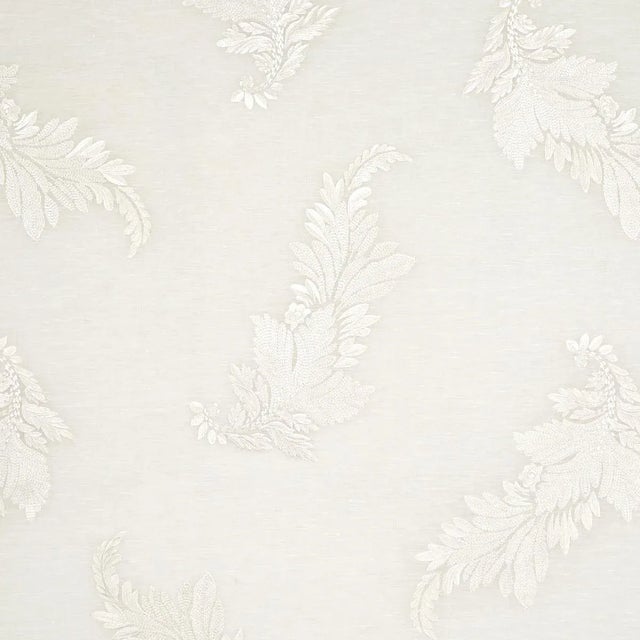 Inspired by an opulent 17th-century document, this textured linen-cotton fabric is embroidered with feather-like forms....