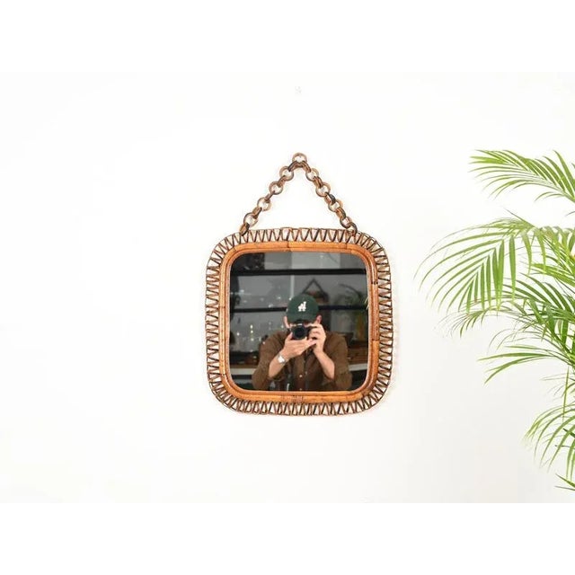 Gold French Riviera Square Mirror in Spiral Rattan, Wicker and Bamboo, Italy, 1960s For Sale - Image 8 of 12
