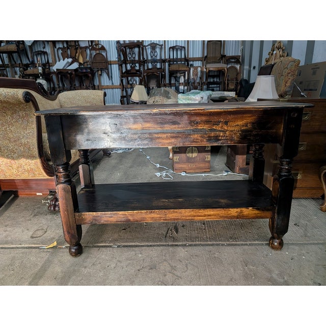 MId 20th Century Rustic Distressed Black Wood Console Table With Drawer and Equestrian Ring Pulls For Sale - Image 11 of 11