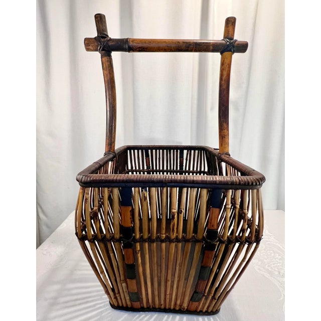 Traditional Vintage Boho Chic Burnt Bamboo and Split Reed Basket For Sale - Image 3 of 8