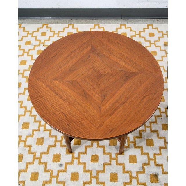 1960s Mid Century Modern Side Table Set End Round Drexel Parallel 2 Walnut Nightstands For Sale - Image 12 of 12