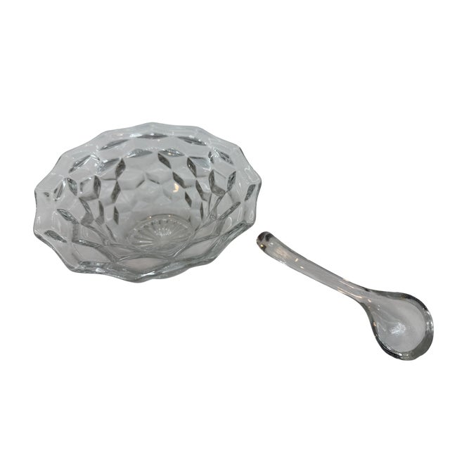This is a vintage Fostoria American clear glass mayonnaise condiment bowl with a glass ladle, featuring the classic cubist...