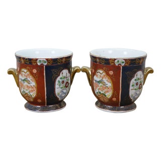 Pair Chinese Imari Style Handled Cachepots Planters Jardinieres Urns 7" For Sale