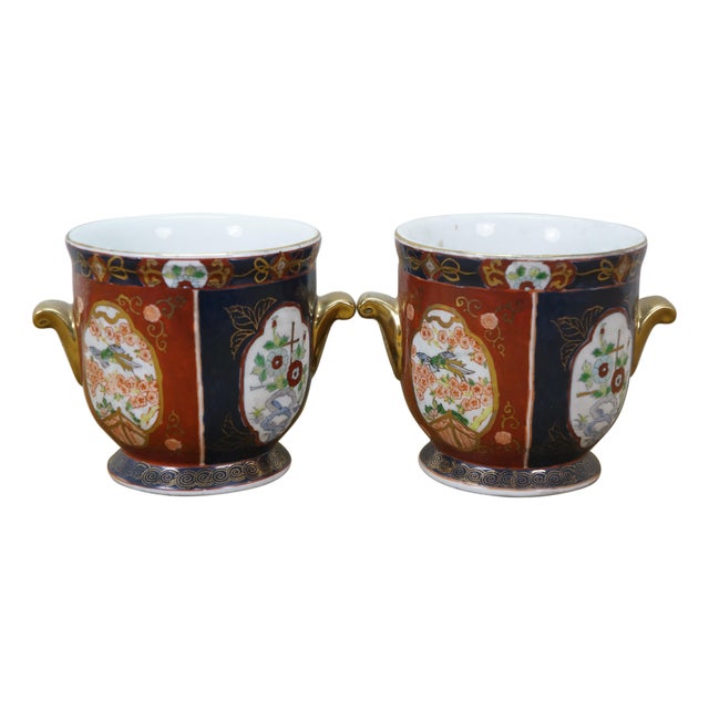 Pair Chinese Imari Style Handled Cachepots Planters Jardinieres Urns 7" For Sale
