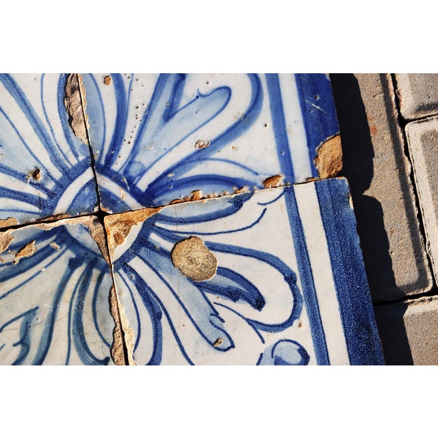 18th Century Portuguese Set of Four Tiles Blue & White Floral Geometric Panel Antique Hand Painted For Sale - Image 4 of 10