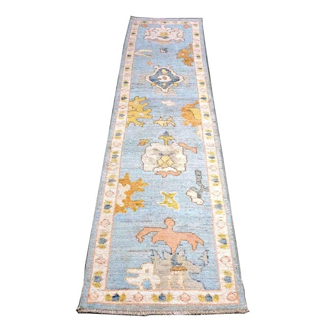 21st Century Turkish Oushak Wool 2x9 Gold, Light Blue & Ivory Handmade Runner Rug #1144117 For Sale