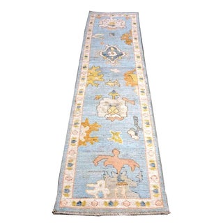 21st Century Turkish Oushak Wool 2x9 Light Blue, Gold & Ivory Handmade Runner Rug #1144117 For Sale