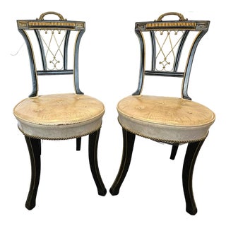 C1958 Normandie Furniture Co. Regency Slipper Chairs With Brass Handle and Lattice Back in Ebony Finish- A Pair For Sale