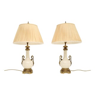 Vintage French Ceramic and Gilt Metal Table Lamps, 1950s, Set of 2 For Sale