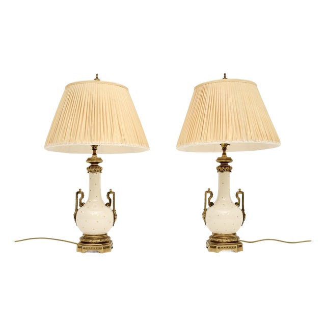 Vintage French Ceramic and Gilt Metal Table Lamps, 1950s, Set of 2 For Sale