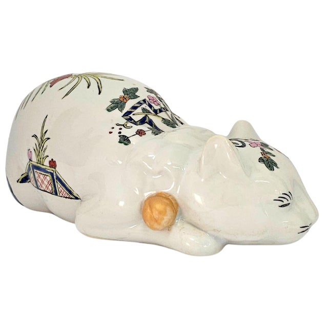 1950s Mid-Century Chinese Kutani-Style Reclining Cat Figurine 10.5" For Sale - Image 5 of 12