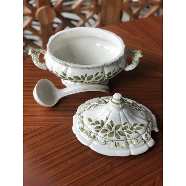 Vintage Italian Green & White Porcelain Botanical Lidded Soup Tureen With Ladle-Signed For Sale - Image 4 of 12