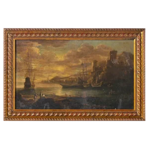 English School Artist, Sea Port, 18th Century, Oil on Canvas, Framed