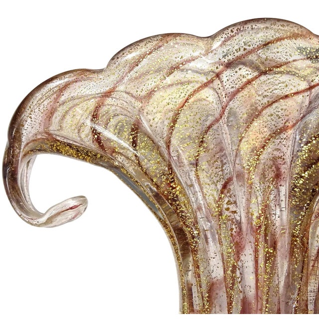 Gold Vintage Murano Barovier Toso Purple Swirl Gold Flecks Italian Art Glass Curled Fan Top Flower Vase For Sale - Image 8 of 11