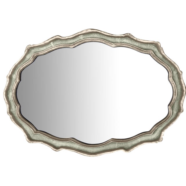 Hollywood Regency Large Cast Metal Oval Cartouche Mirror,, Silver-Gilt & Celedon For Sale - Image 3 of 12