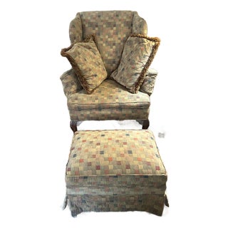 1970s Attributed to Baker Club Chair W/Ottoman and 2 Pillows; Checkered Earth-Tone Fabric For Sale
