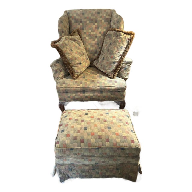 1970s Attributed to Baker Club Chair W/Ottoman and 2 Pillows; Checkered Earth-Tone Fabric For Sale