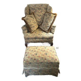 1970s Club Chair W/Ottoman and 2 Pillows; Check Earth-Tone Fabric For Sale