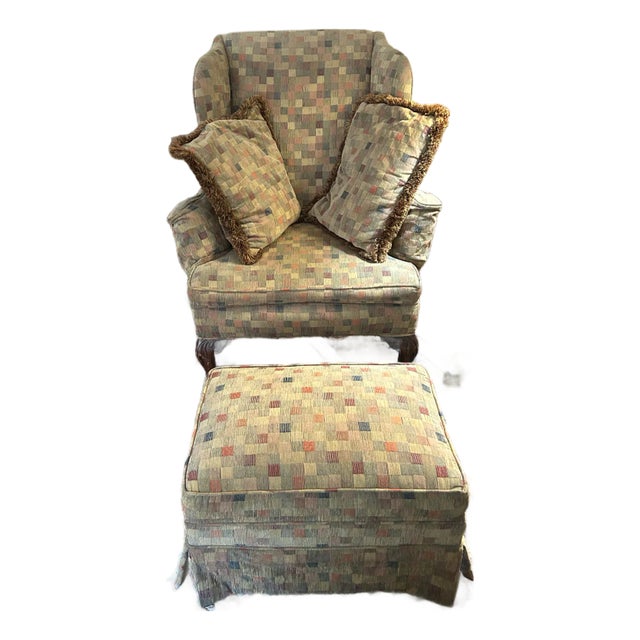 1970s Club Chair W/Ottoman and 2 Pillows; Check Earth-Tone Fabric For Sale