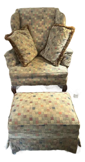 1970s Club Chair W/Ottoman and 2 Pillows; Check Earth-Tone Fabric