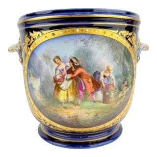 19th Century, Sevres Cobalt Porcelain & Hand Painted Jardiniere or Cache Pot For Sale