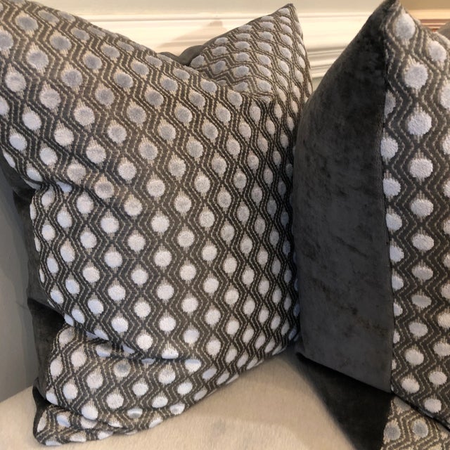 Duralee Df Monogram “Montebello Dot” in Taupe 22” Pillows-A Pair For Sale - Image 4 of 7
