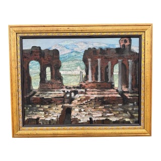 Jan Hoowij (1907–1987) Signed Mid-Century Oil on Panel Painting of Classical Roman Ruins in Gilt Frame For Sale