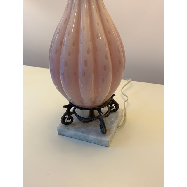 Glass Vintage Murano Pink Ribbed Glass Table Lamp on Marble Base For Sale - Image 7 of 10