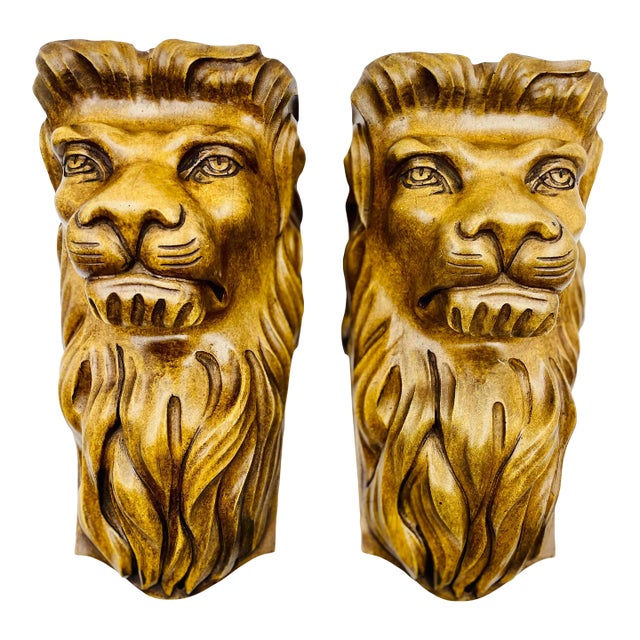 Early 20th Century Carved Wood Lion Head Wall Brackets- Set of 2 For Sale