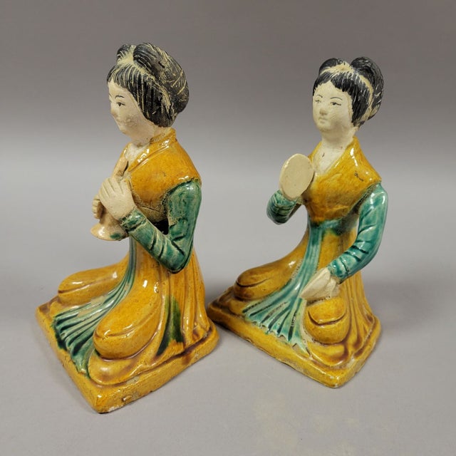 Chinese Vintage Chinese Glazed Pottery Seated Female Musicians Figurines Statues For Sale - Image 3 of 8