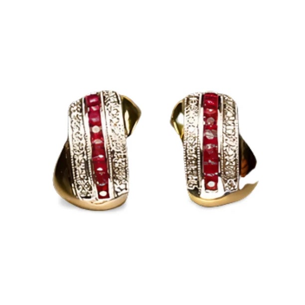 Elegant estate 14K yellow gold huggie earrings featuring 8 natural round rubies 3mm each Ã‚Â and 22 brilliant round...