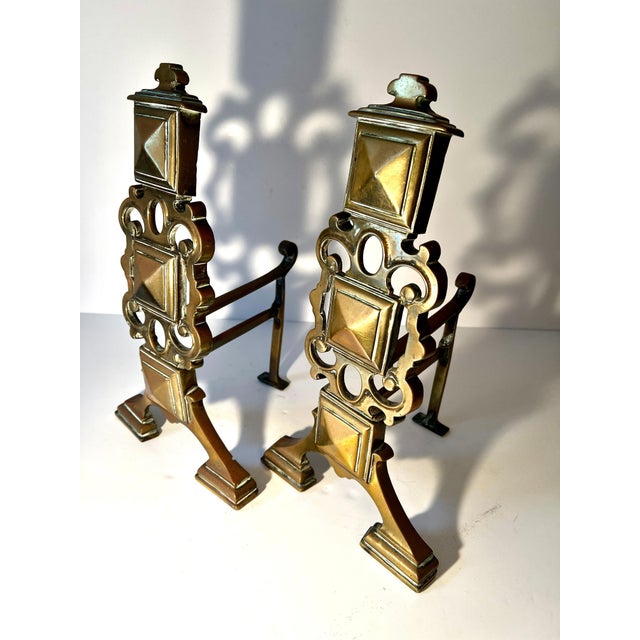 Pair Brass Geometric Andirons For Sale In Los Angeles - Image 6 of 9