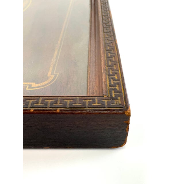 1960s English Regency Style Inlaid Mahogany Serving Tray With Greek Key Border and Wood & Brass Handles For Sale - Image 9 of 10