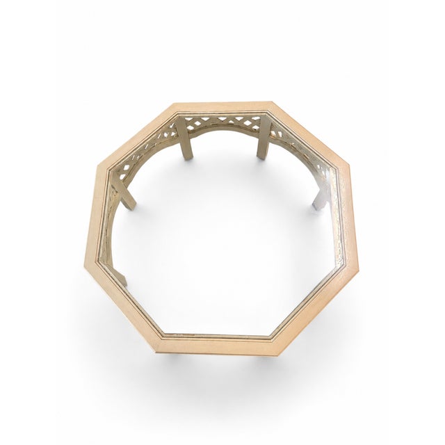 Wood Vintage Broyhill Natural Wood Octagonal Lattice Glass Top Regency Coffee Table For Sale - Image 7 of 10
