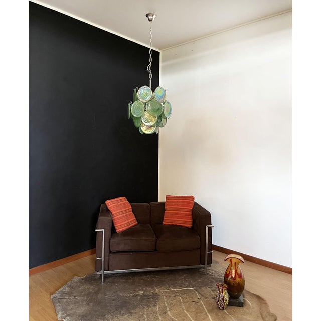 Glass Vintage Italian Green Murano Glass Discs Chandelier, 1990s For Sale - Image 7 of 18