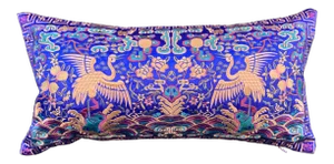 Hollywood Regency Royal Blue & Gold Silk Embroidered Cranes Chinoiserie Boudoir Lumbar Pillow
