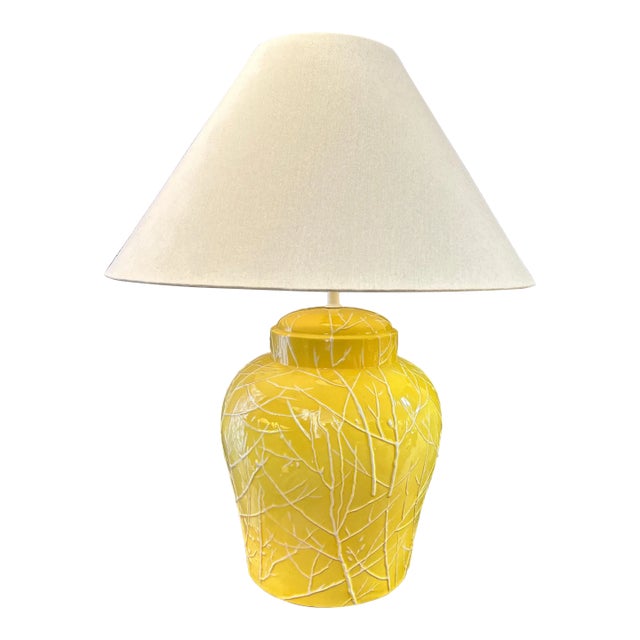 Palm Beach Hollywood Regency Yellow Ginger Jar Lamp With Custom Shade For Sale