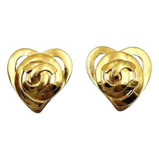 Chanel Vintage Gold Plated Spiral CC Heart Clip on Earrings, A Pair For Sale