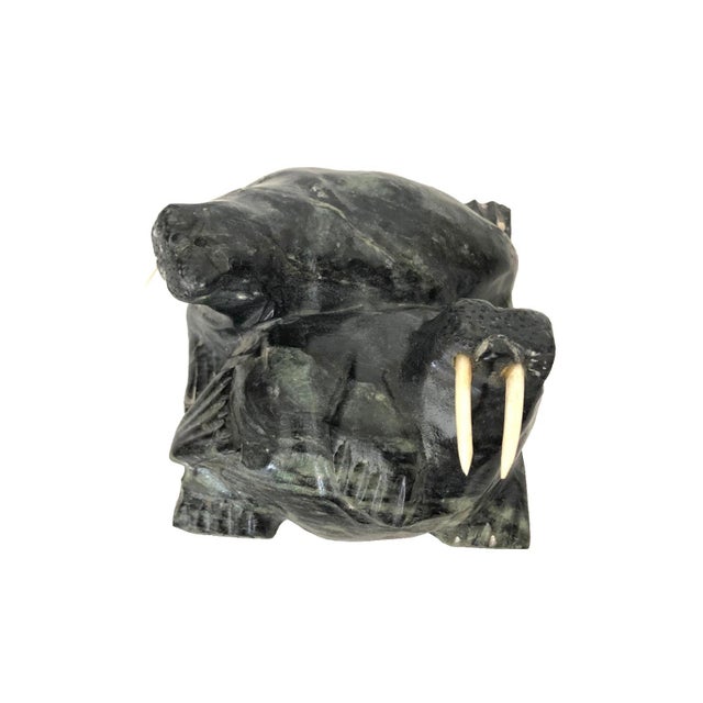 Gemstone 1980s Inuit Walrus Pair Hand Carved Folk Art Serpentine Signed William Luke For Sale - Image 7 of 10