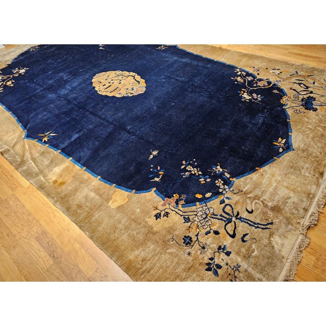 Antique Art Deco Chinese Oversized Rug, Handwoven Wool, Cranes & Butterflies Design, Navy & Tan, 14' X 19' For Sale In Chicago - Image 6 of 17