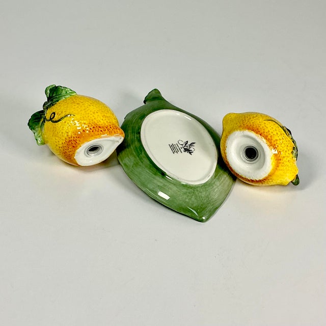 1980s Vintage Hollywood Regency Majolica Lemon Salt & Pepper Shaker - Set of 3 For Sale - Image 15 of 17