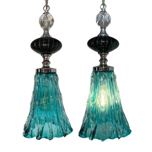 Glass Art Glass Aqua Black Pendant Light For Sale - Image 7 of 18
